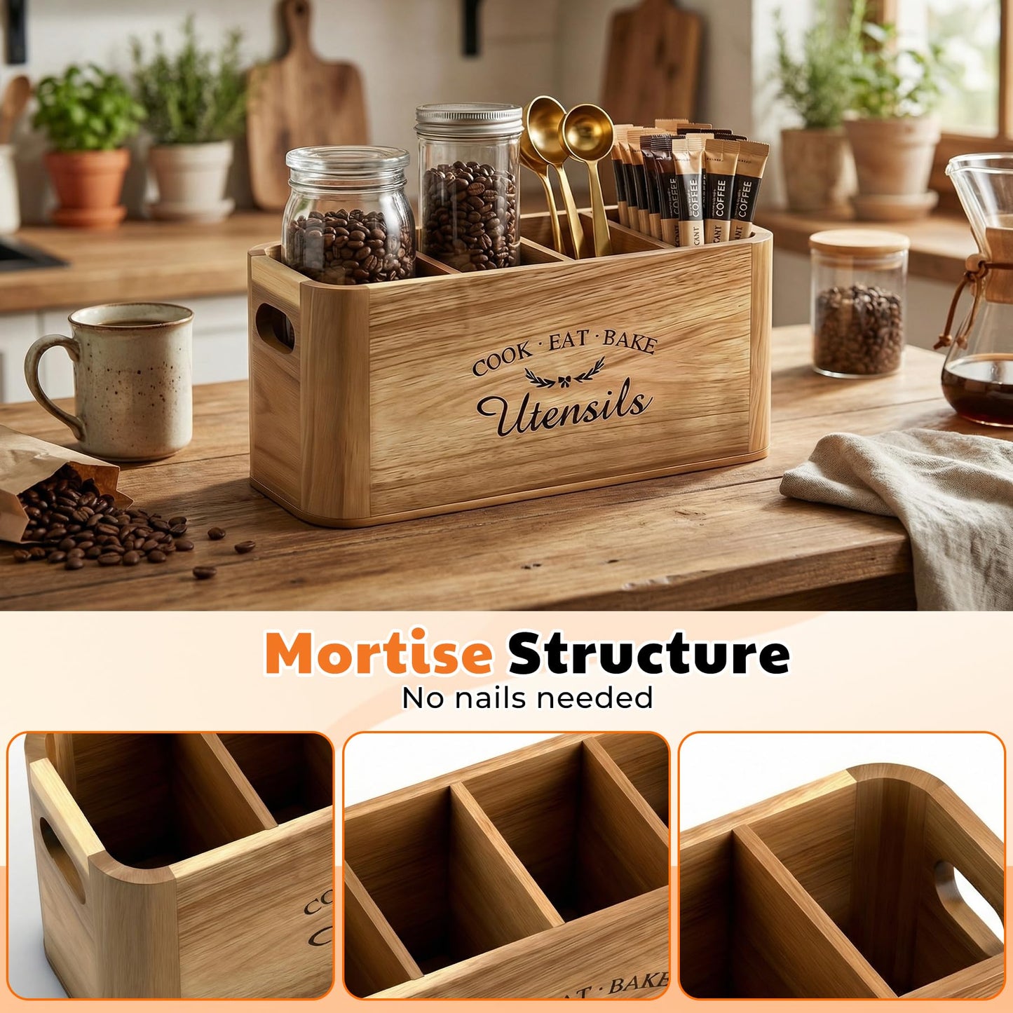 Eclove Acacia Wood Utensil Holder for Kitchen Countertop, Extra Large Wooden Utensil Organizer with Magnetic Knife Strip, 4 Compartment Farmhouse Kitchen Tool Caddy and Silverware Storage