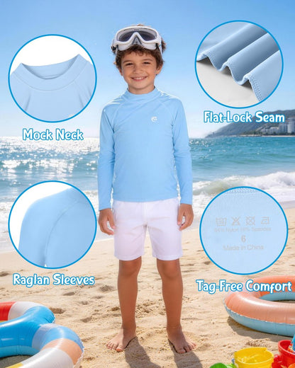 DRONIRING Boys' Long Sleeve Rash Guard, UPF 50+ Swim Shirt Toddler Kids, Quick Dry SPF UV Sun Protection Water Shirts for Beach Surf Swimming