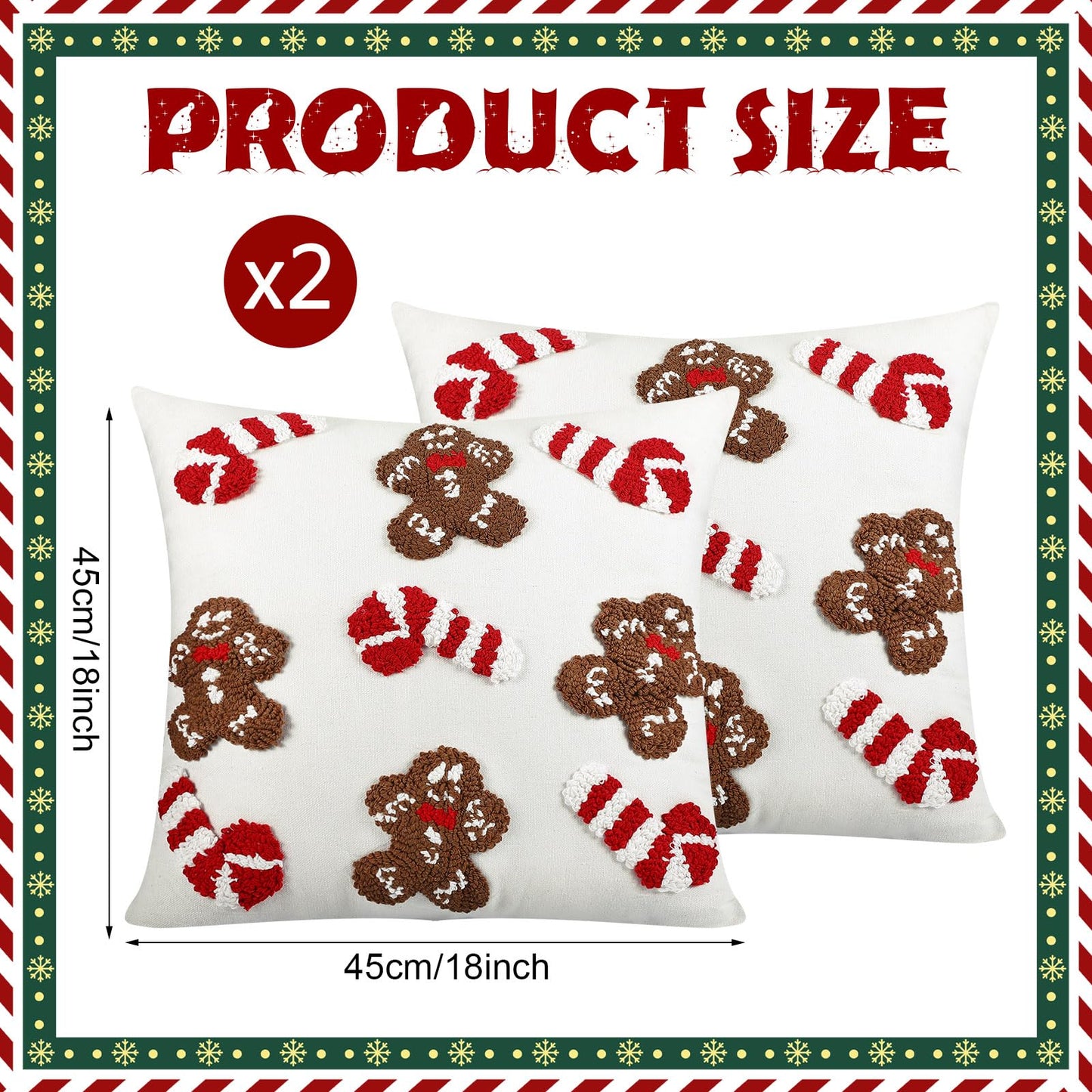 Mixweer 2 Pcs Tufted Christmas Throw Pillow Cover 18 x 18 Inch Gingerbread Pillow Covers 3D Candy Xmas Pillows Case Decorative Soft Cushion Cover for Sofa Couch Bed Room