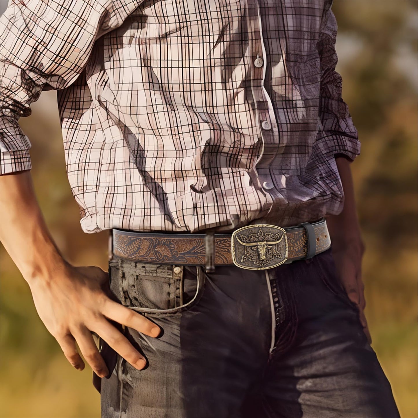 JIMJOY Men's Western Leather Belt Cowboy Belts for Men Big Engraved Buckle Belts