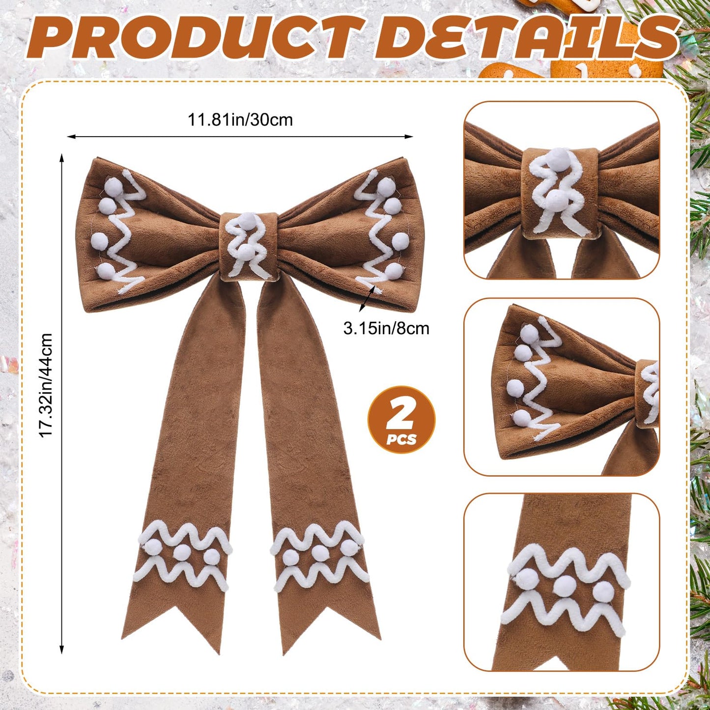 Suncalla 2 Pcs 19‘' Extra Large Christmas Gingerbread Tree Topper Wreath Bow Tree Topper Ornament Brown Plush Hanging Decor for Xmas Door Window Wall Wedding Party Decoration Supplies Gifts