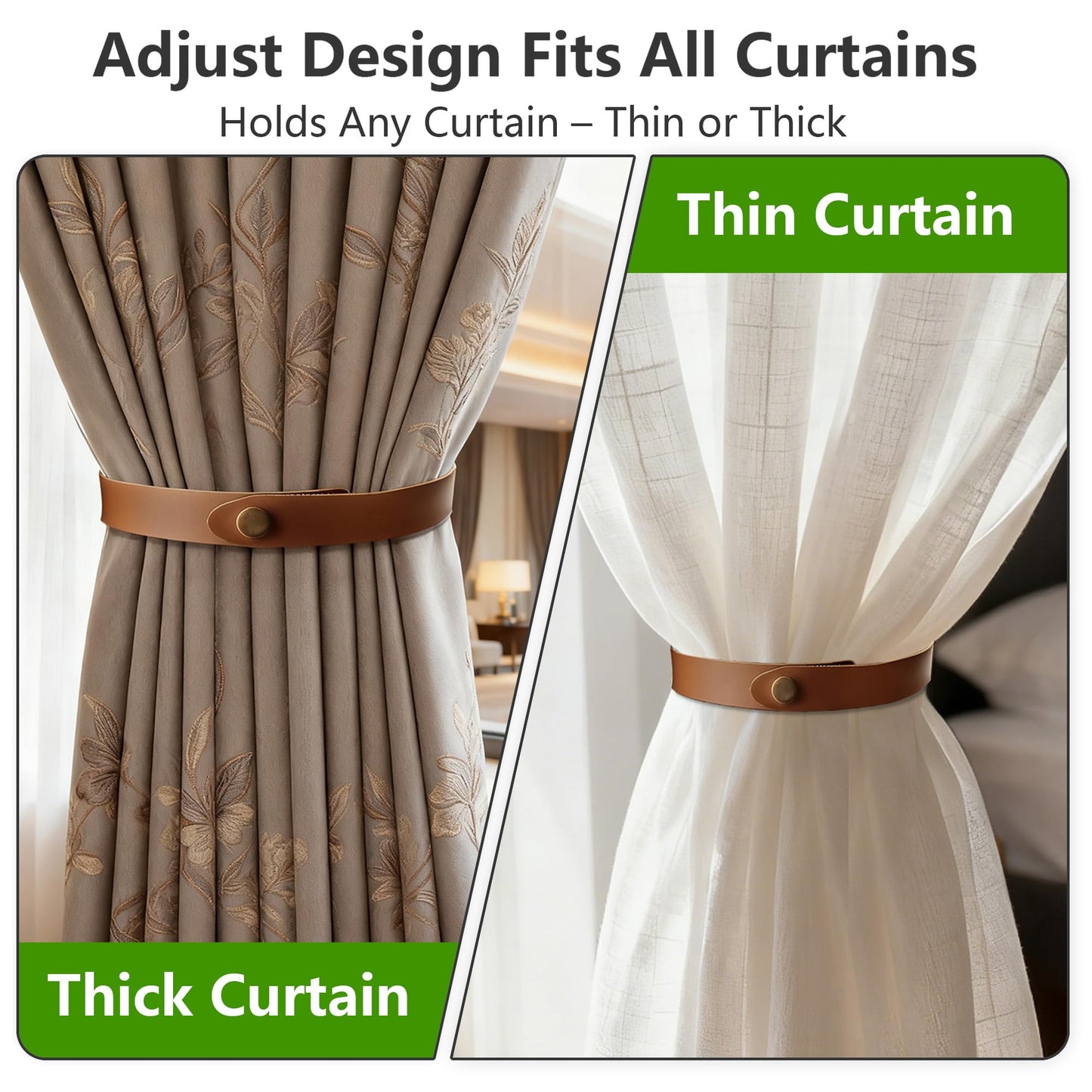 PU Leather Curtain Tiebacks, Ring Clips Curtain Holdabacks Buckle for Window Draperies of Home Hotel Curtain Holders, Rope Decoration Creative Curtains Ties Modern Minimalist Set of 2 (Light Brown)