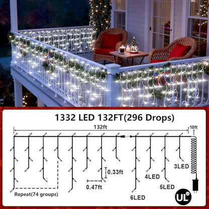1332 LED 132ft Christmas String Lights Outdoor, 12 Modes Dimmable Curtain Lights with 296 Drops, Waterproof Fairy Lights with Timer for Bedroom Window Holiday Wedding Home Xmas Decor, Warm White