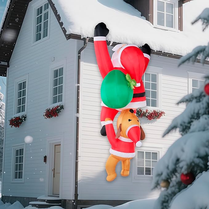 Joiedomi 8 FT Hanging Christmas Inflatables Outdoor Decoration, Blow Up Climbing Santa with Dog, Christmas Blow Up Yard Decorations with Build-in LED for Xmas Party, Garden, Lawn, Roof Decor
