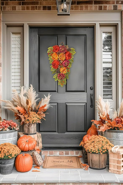 Fall Teardrop Swag with Peonies – 23.6 Inch Artificial Hanging Floral Wreath with Berries & Leaves for Thanksgiving Autumn Decoration