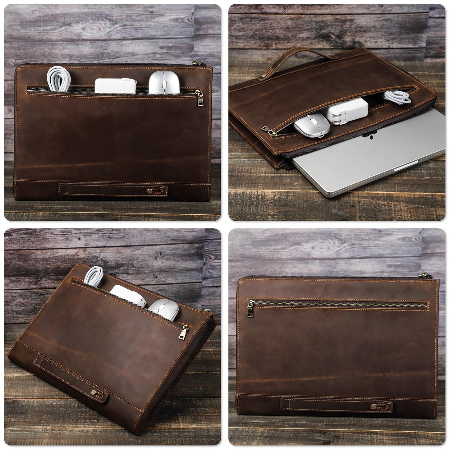 CataPurus Top Grain Leather 14.2" Slim Laptop 90° Zipper Bag, Vintage Design, Handmade, Compatible with MacBook Pro/Air 14"/13.3"/13.6" 2021 2022 M1 Pro/M1 Max A2442 & Other Laptop, Coffee 14.2 Inch