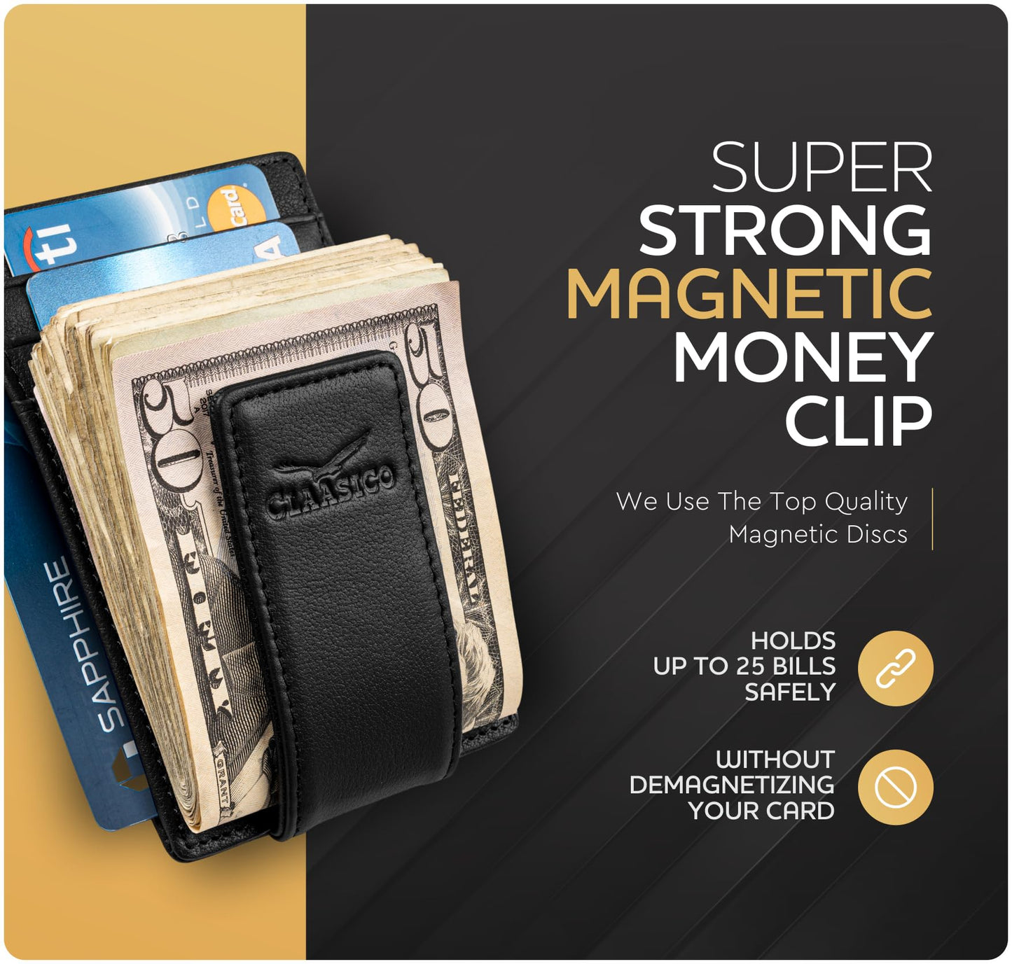 Claasico Men’s Leather Money Clip Wallet – Slim Front Pocket Wallet w/Super Strong Magnetic Clip, RFID Blocking, 5 Card Slots & Center Pocket + ID Window