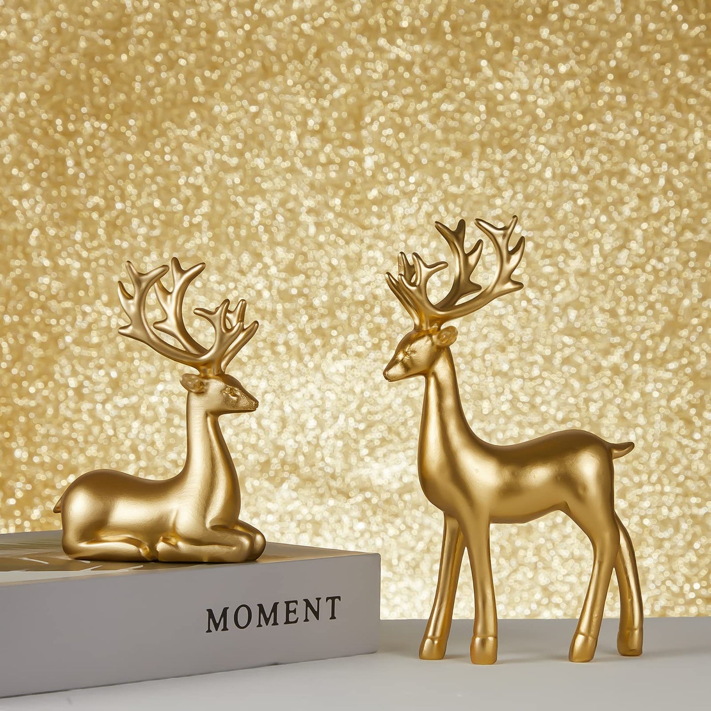 Christmas Decoration 2PCS Reindeer Resin Ornaments Mother Child Deer Couple Deer Sculpture used for Living Room Bookshelf Bedroom Wine Cabinet Decoration to Enhance Atmosphere (Gold Smooth)
