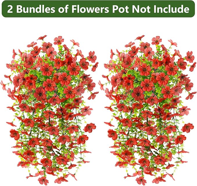 Artificial Fake Hanging Flowers Plants for Outdoor Spring Decorations, 2PCS Faux Daisy Silk Flower Outside No Fade UV Resistant Realistic Home Decor for Porch Patio Window Box (ChujuDH-Red