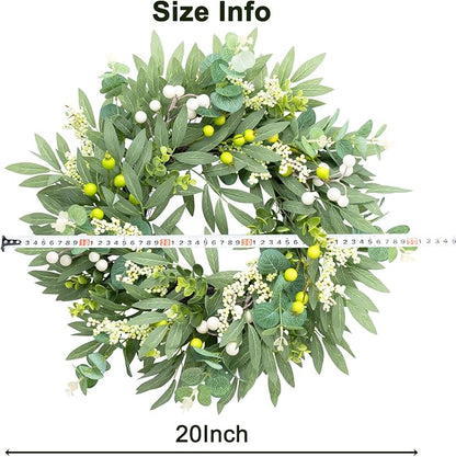 Door Wreath Green Eucalyptus for Front Door Wreaths Spring Summer Olive Wreath Artificial Leaves Mixed Berry Wreaths for All Season Home Farmhouse Porch Year Round Outdoor Wall Decorating,18-20 Inch
