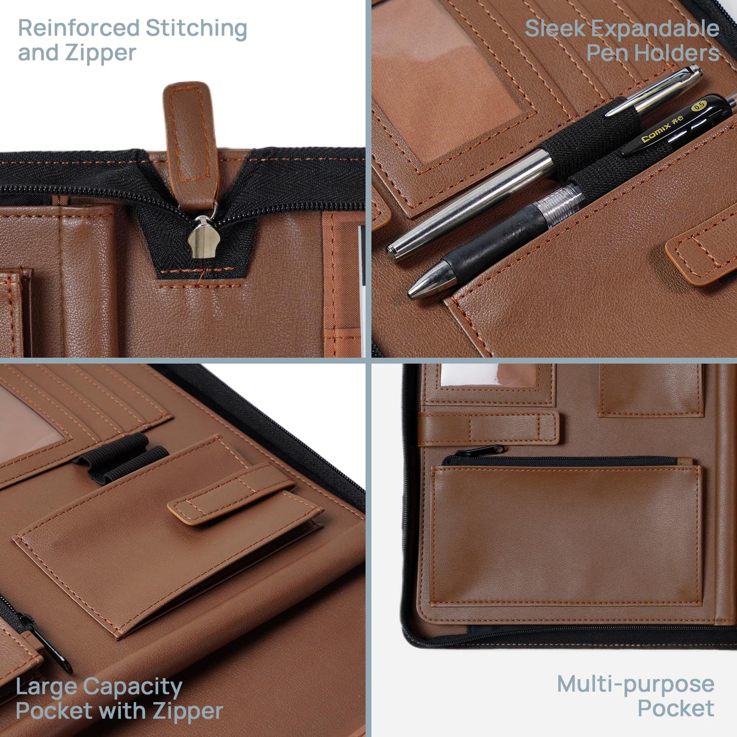 POPRUN Professional Zippered Portfolio Binder - Leather Padfolio Organizer with Notepad, Tablet Sleeve & Handles for Business, Meetings, Interviews, and Daily Office Use, Brown