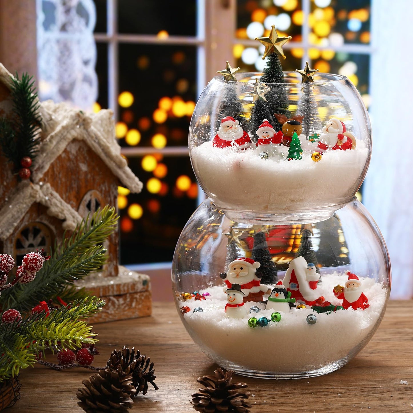 Roowest 96 Pcs Miniature Ornaments for Snow Globe Kit DIY Christmas Village Decoration Christmas Figurines Mini Ornaments with Snowman Reindeer Santa Claus Snowflake(Green Sliver Black)