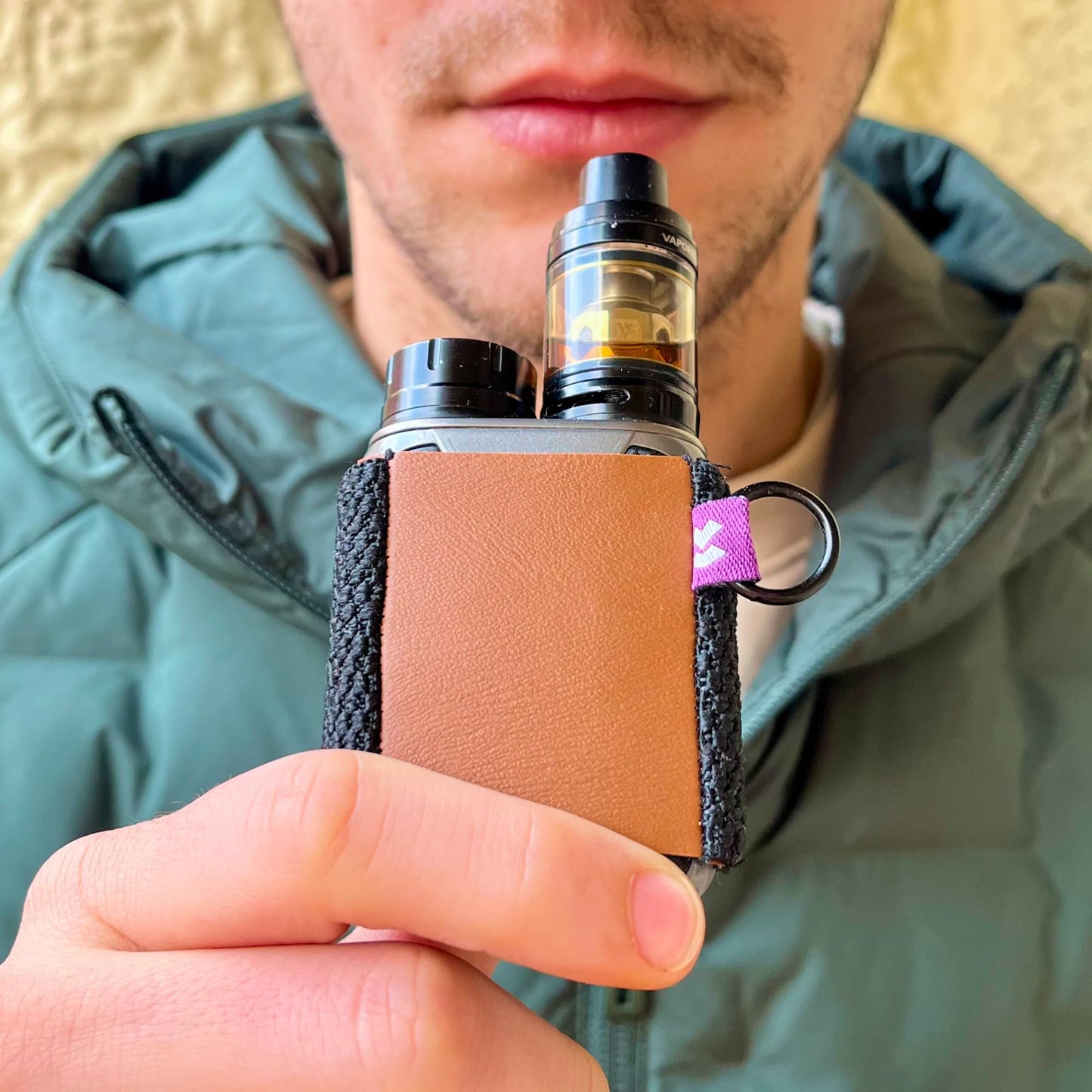 VCASE Leather Vape Holder, Comfortable Design for E Cigarette, High-Strength Elastic (Brown Holder/Black Lanyard XL)
