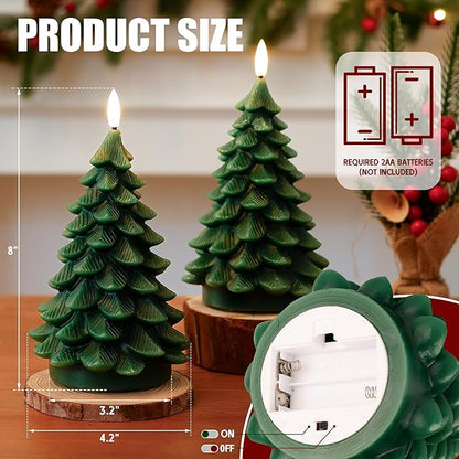 Christmas Tree Candles with Remote, Green Battery Operated Candles with Flickering 3D Wick, Real Wax LED Flameless Candles for Holiday Table Centerpiece, Xmas Eve Party Decor, 2 Pack