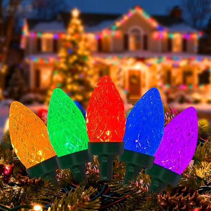 C7 LED Christmas Lights Outdoor,50 LED Multicolor C7 Christmas Light 0.07w per Diamond Bulb,26FT Xmas Lights Outdoor for House, Yard, Garden, Christmas Tree Decoration, Green Wire