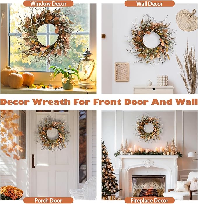 26 Inch Fall Wreath for Front Door Pip Berry Pinecone Autumn Wreath with Pine Needle and Magnolia Leaves, Large Grapevine Wreaths for Fall Door Decor Farmhouse Wall Window Home Decoration