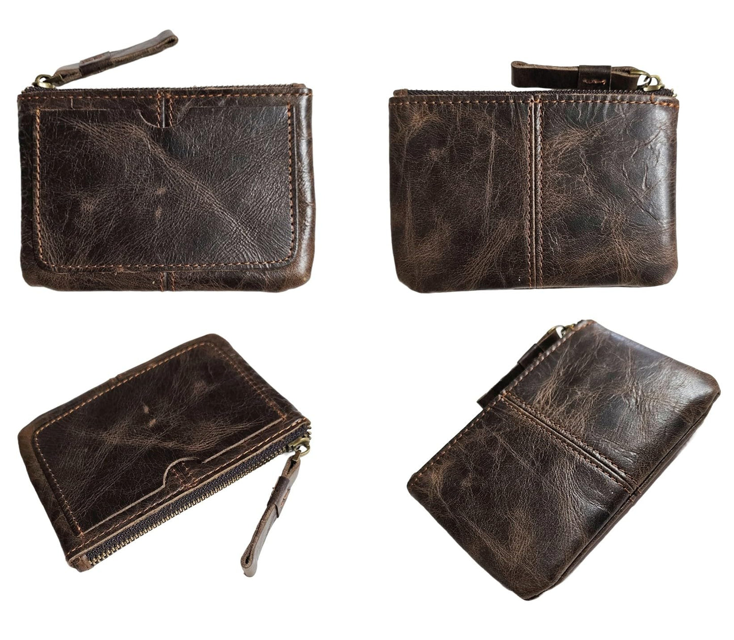 Genuine Leather Coin Purse Pouch for Women Men Vintage Cowhide Grain Leather Slim Mini Wallet Metal Zipper with Real Leather handle (Dark Brown)