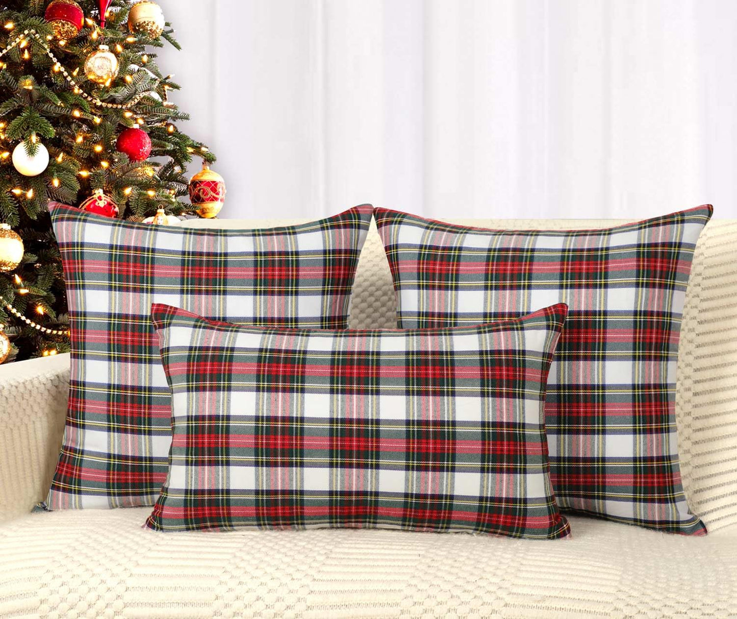 4TH Emotion Set of 2 Christmas Scottish Tartan Plaid Throw Pillow Covers Cushion Case Polyester for Farmhouse Home Decor Red and White, 18 x 18 Inches