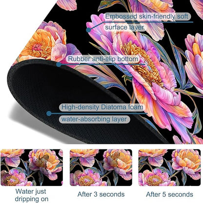 Colorful Peonies Sink Splash Guard Blooming Peonies Faucet Absorbing Mat Fast