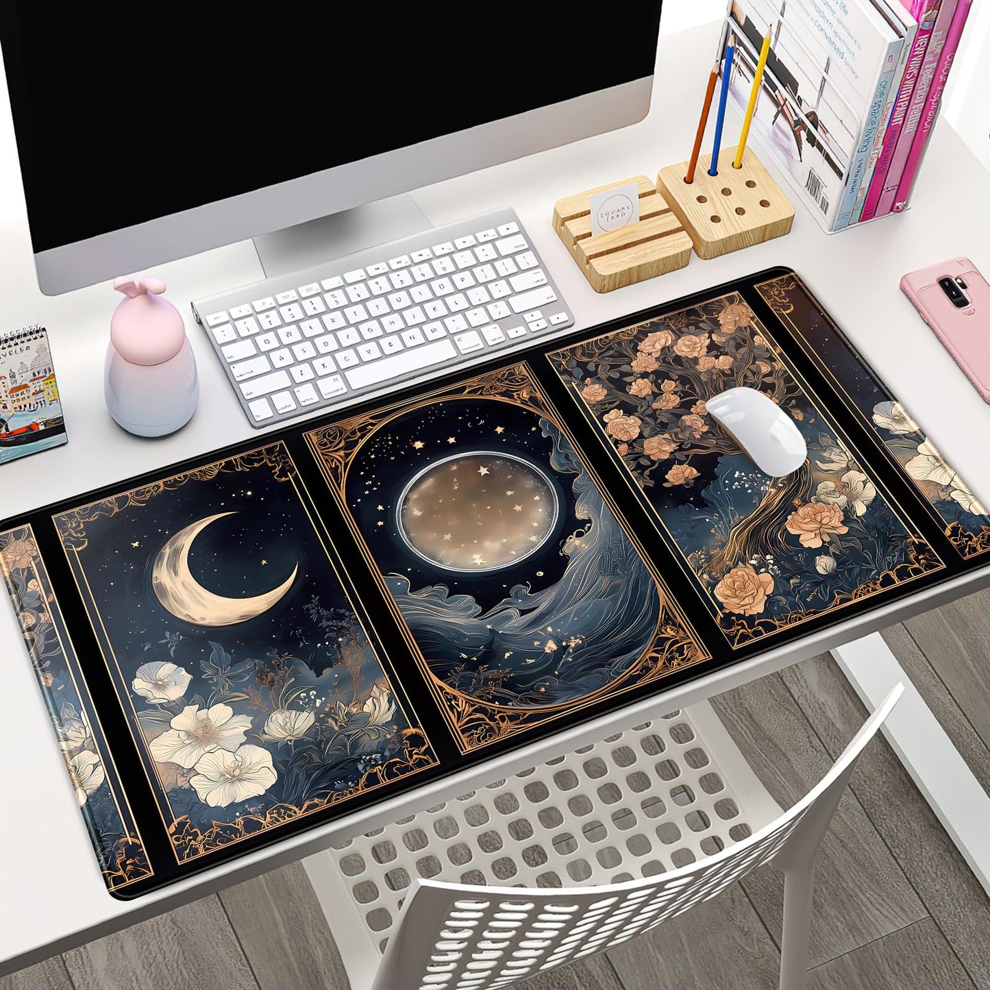 Celestial Lunar Nature Tarot Card Desk Mat Moon Floral Large Mouse Pad XXL 31.5''X 15.7'' Witch Night Botanical Desk Pad Gaming Mousepad Keyboard Mouse Mat for Laptop Computer Office Decor Gift