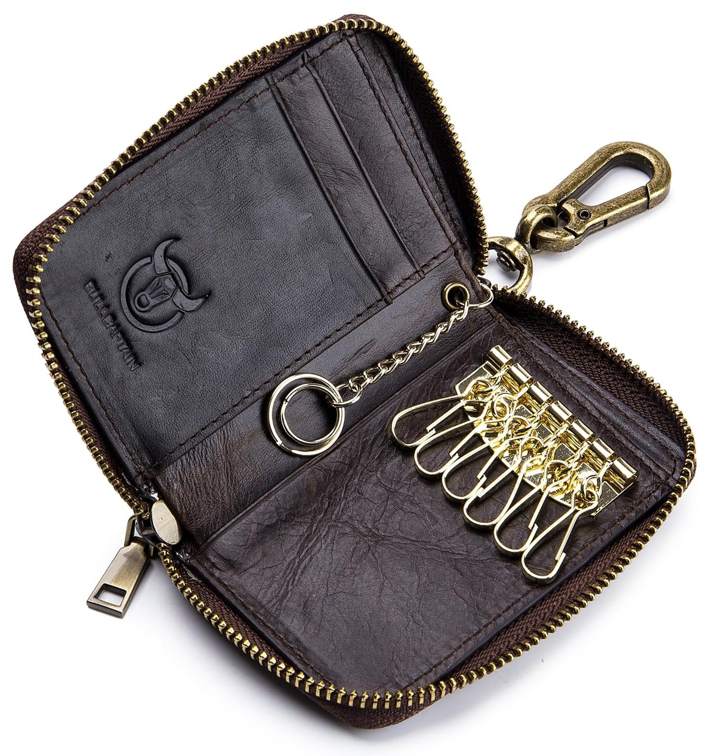 Men's Zipper Key Organizer Rfid Wallet with 6 Hooks Leather Key Holder Case (Dark brown)
