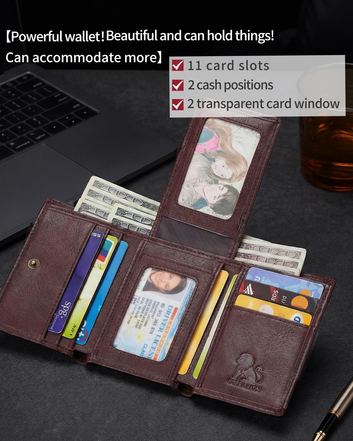 STEELLION Trifold Wallet for Men and Women, RFID Blocking Cowhide Leather Wallet with 2 Clear ID Windows, 11 Card Slots, Slim Design and Snap Closure for Everyday Carry, Travel and Gifts (Coffee)