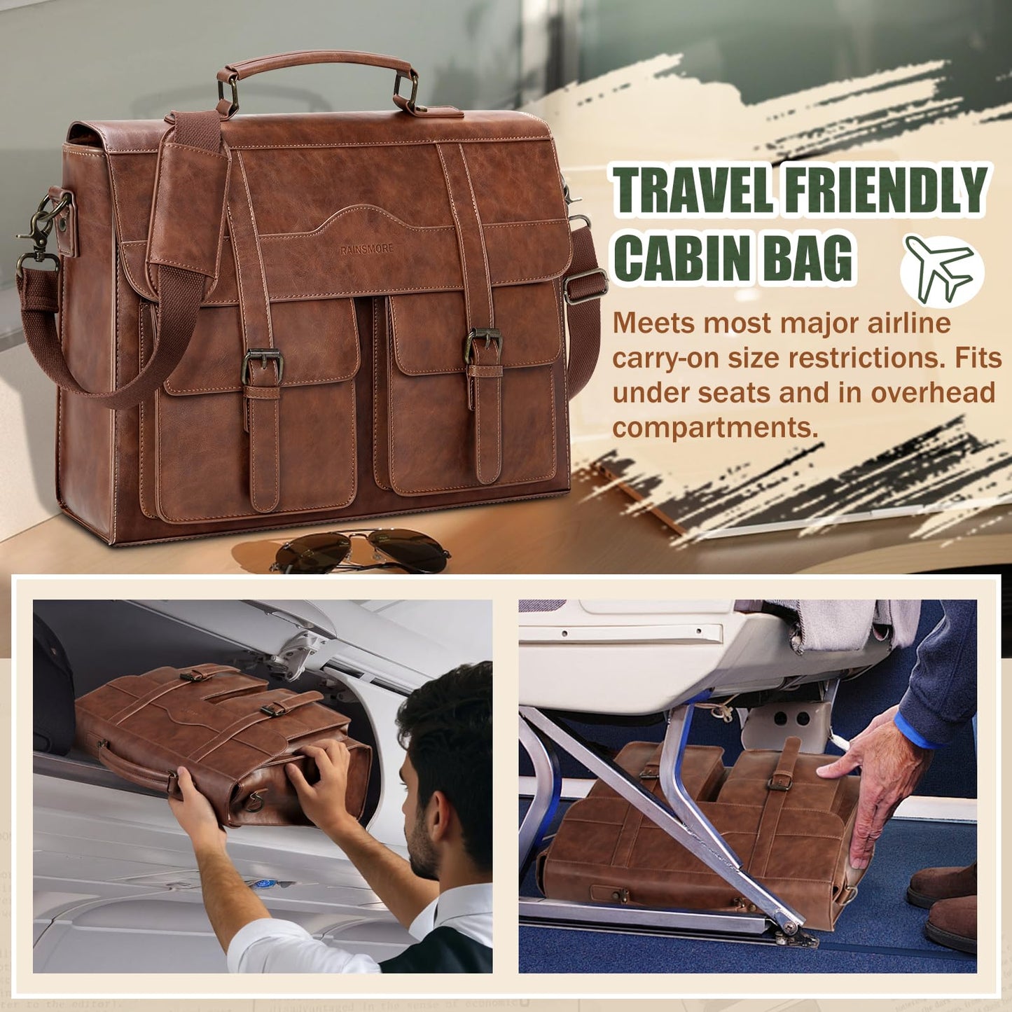 RAINSMORE Mens Messenger Bag 17 Inch Vintage Leather Laptop Briefcase Magnetic Closure Large Satchel Computer Shoulder Bag for Office Travel College, Brown
