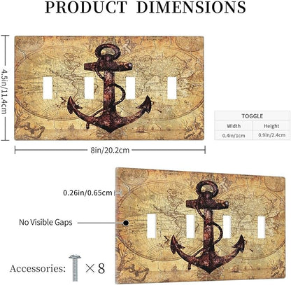 Anchor Nautical Vintage Map 4 Gang Decorative light switch plate Quad Toggle Wall Plate Covers Switchplate Electrical Faceplate for Office Livingroom Home Decor
