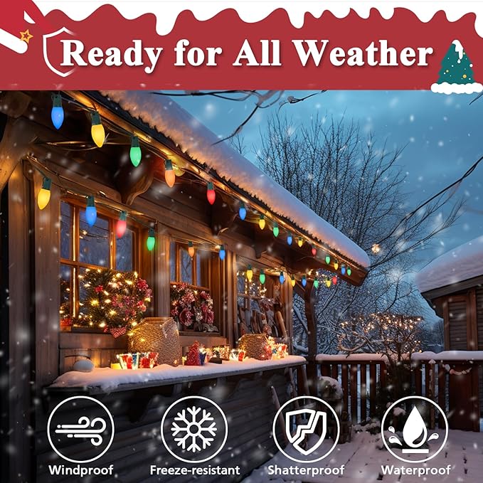 Vintage C9 Multicolor Outdoor Christmas Lights, 50FT 50LED Commercial Christmas String Lights Waterproof, C9 Xmas Lights Extendable for Holiday Party Christmas Tree Roofline Patio Backyard Decoration