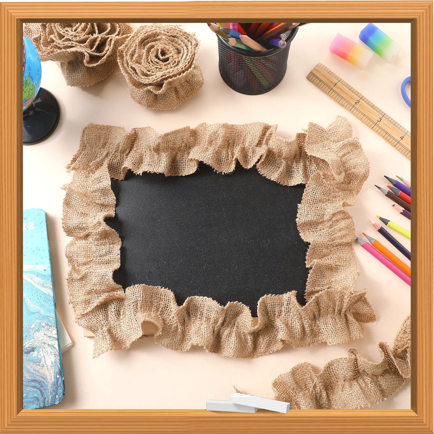 Fanfanwin 8 Rolls Burlap Ruffled Bulletin Board Borders for Classroom Decor Farmhouse Burlap Bulletin Board Trim DIY Crafts for Classroom Home Decoration, 2.2 x 40 Inch