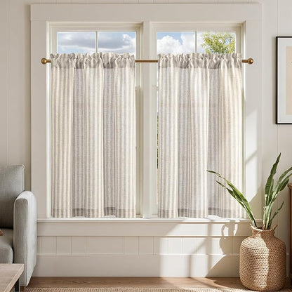 jinchan Striped Linen Kitchen Curtains 36 Inches Tier Curtains Farmhouse Modern Cafe Style Small Window Treatments Airy Light Filtering Rod Pocket for Living Room Bathroom 2 Panels Taupe Grey
