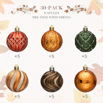 JORNOY Fall Ornaments for Tree, Shatterproof Plastic Baubles with Lanyard, Classic Autumn Hanging Balls Set for Thanksgiving Christmas Home Decor, 2.36 inch/60mm, Orange