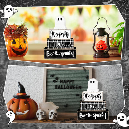 Britimes 4 Pcs Halloween Decorations for Home Ghost Table Decor Halloween Tiered Tray Decorations Set Gift Spooky Stack Block Signs Rustic Farmhouse Tabletop Decor for Table & Home Office