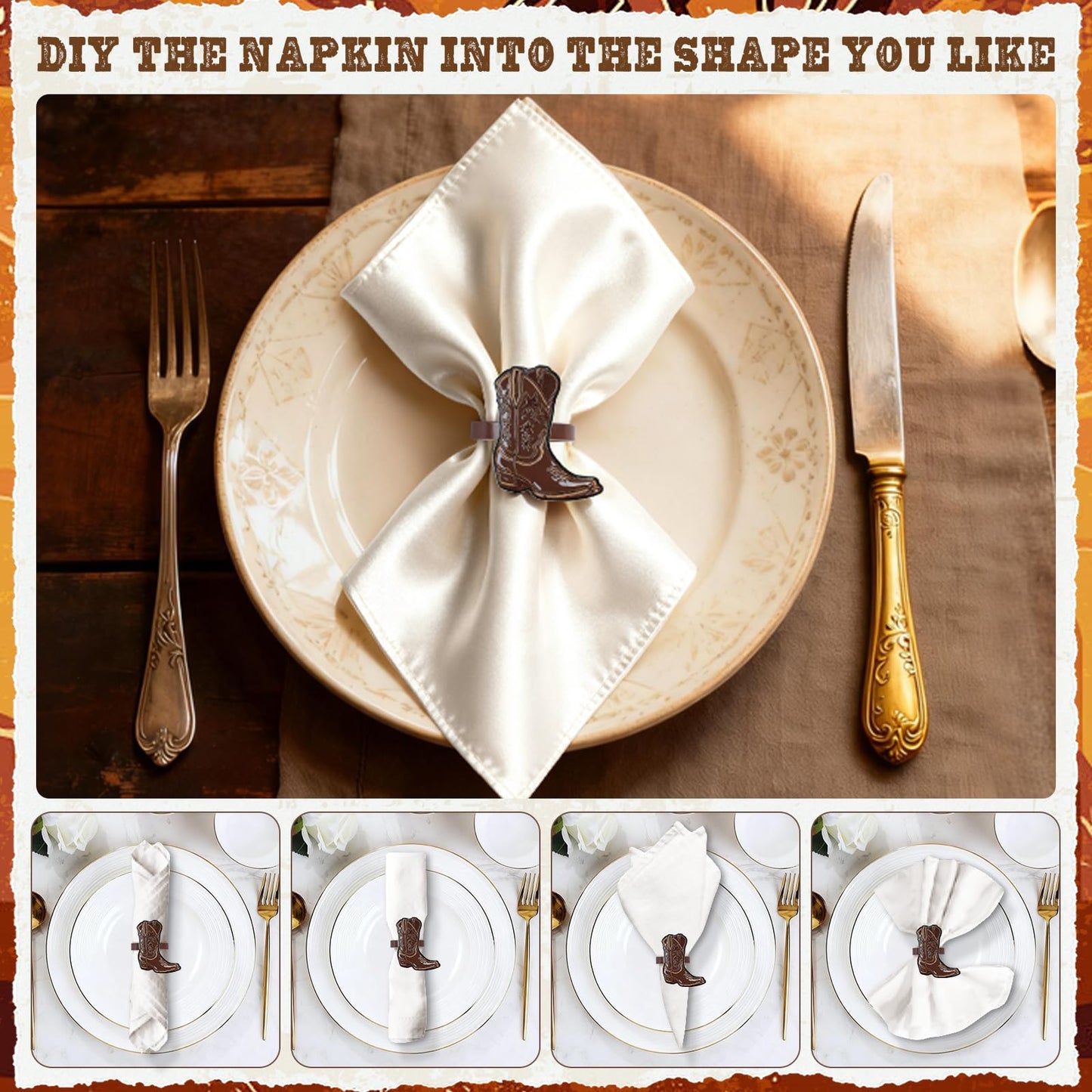 24PCS Western Party Decorations Cowboy Boot Napkin Rings Rustic Farmhouse Western Napkin Holder Metal Tissue Rings Buckles Cowboy Birthday Party Supplies
