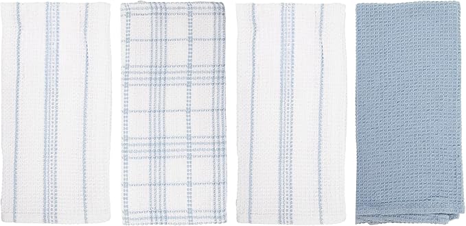 MosJos Kitchen Towels Set of 4 Dish Towels Blue n White Waffle Weave Cotton