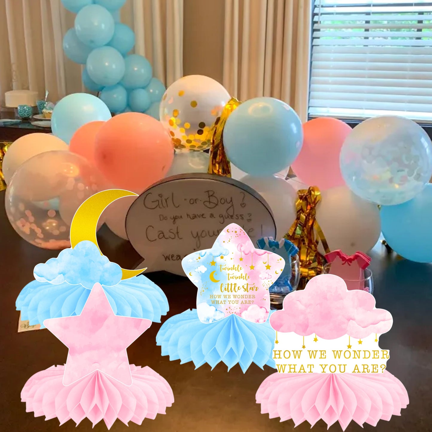 Twinkle Twinkle Little Star Gender Reveal Party Supplies Little Star Baby Shower Honeycomb Centerpieces 12PCS Pink and Blue Table Decorations Moon Cloud Centerpieces for Girls or Boys Birthday Decor