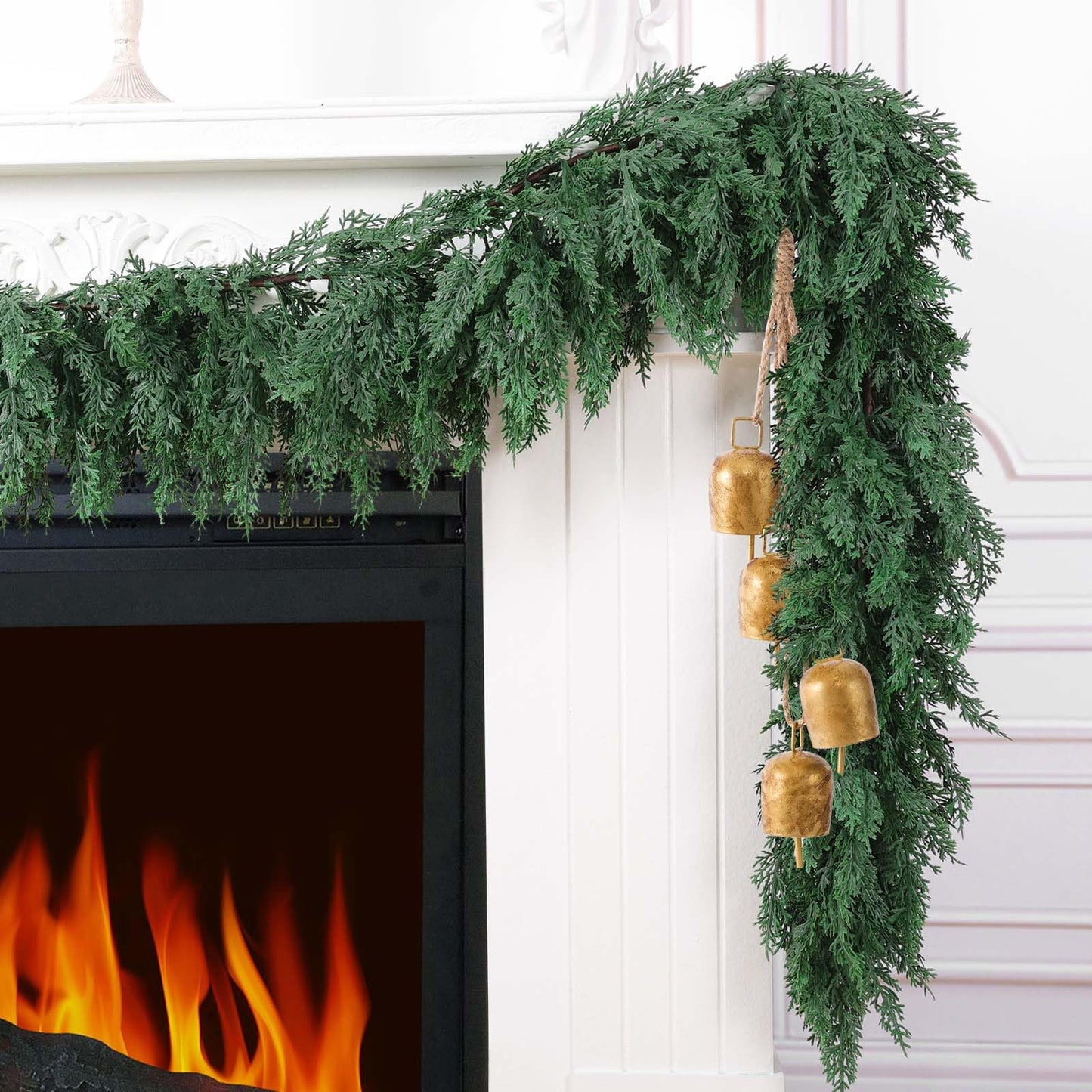 Hananona 9 FT Artificial Cedar Garlands, 1 Pcs Real Touch Winter Cedar Pine Garland, Green Artificial Greenery Garland for Table, Mantle, Wall, Indoor, Outdoor Christmas Decorations (1, Green, 9FT)