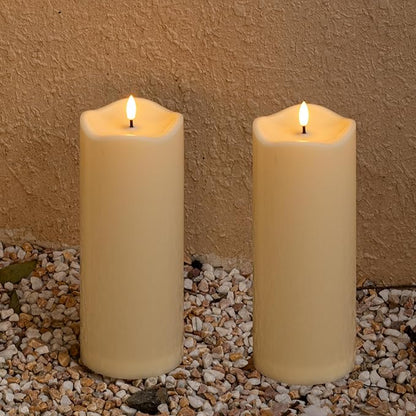 2pack 4"*10" Waterproof Outdoor Flameless Candles with Remote & Timer, Plastic Battery Operated LED Flickering Pillar Candles for Camping, Weddings, Ivory