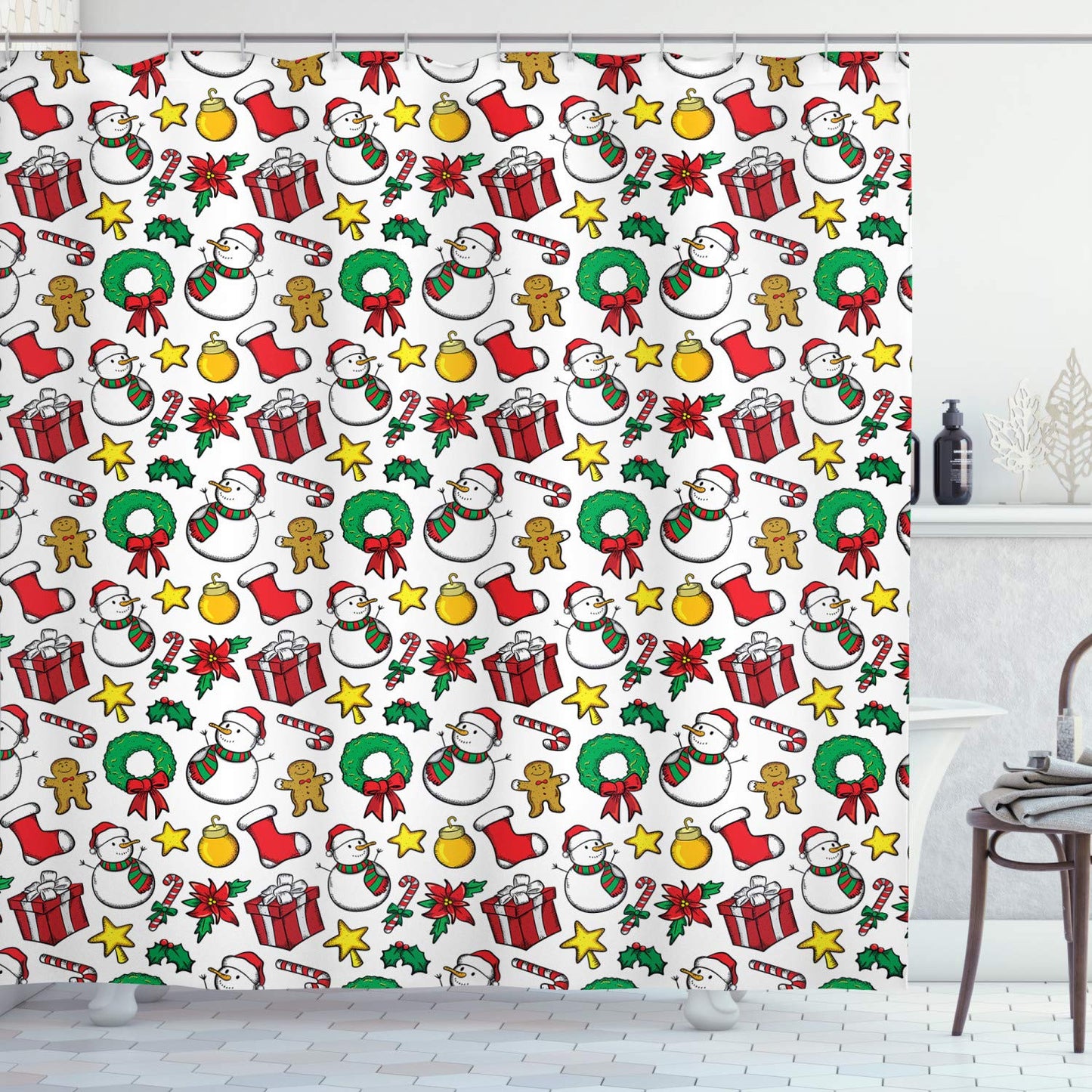 Ambesonne Christmas Shower Curtain, Classical Inspirational Wreath with Candy Cane Snowman Patterns Feast Theme, Cloth Fabric Bathroom Decor Set with Hooks, 69" W x 70" L, Red and White