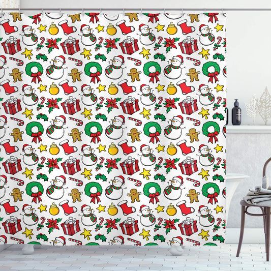 Ambesonne Christmas Shower Curtain, Classical Inspirational Wreath with Candy Cane Snowman Patterns Feast Theme, Cloth Fabric Bathroom Decor Set with Hooks, 69" W x 70" L, Red and White