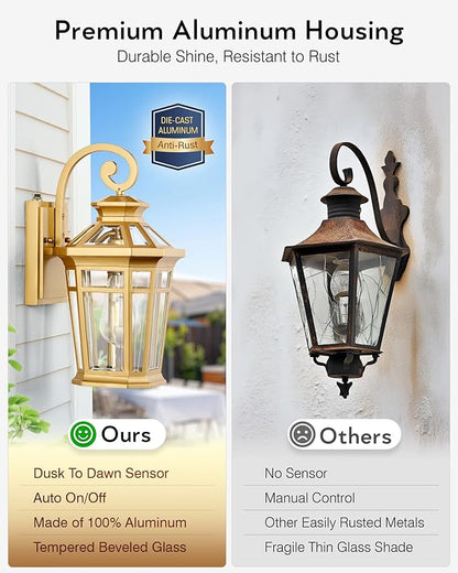 Outdoor Wall Lights Wall Mount, 2-Pack Dusk to Dawn Front Porch Light, Gold Modern Exterior Wall Sconce, Exterior Garage Lighting Fixtures, Weather Resistant Coach Lanterns Outdoor, Anti-Rust