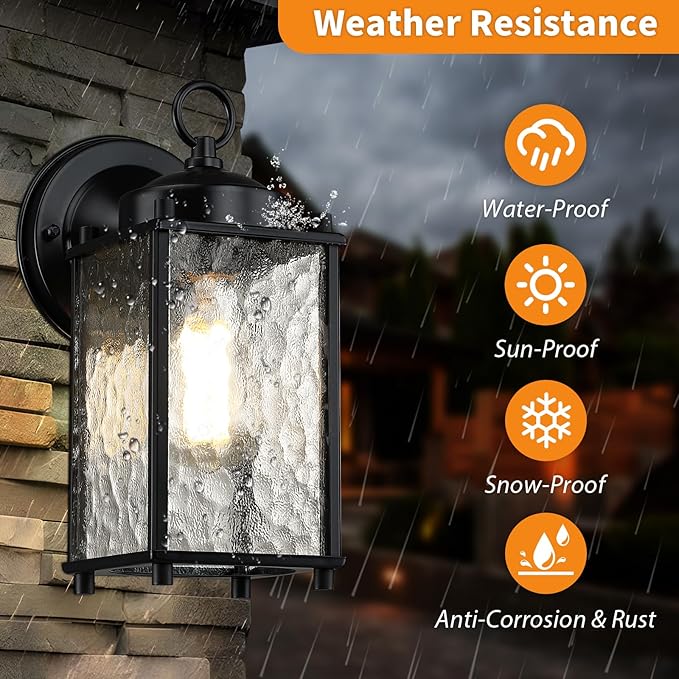 Outdoor Wall Light Fixture, Exterior Lighting Fixture Wall Mount, Black Outdoor Porch Light with Hammered Glass, Outside Lights for House, Waterproof Anti-Rust for Garage, Front Door