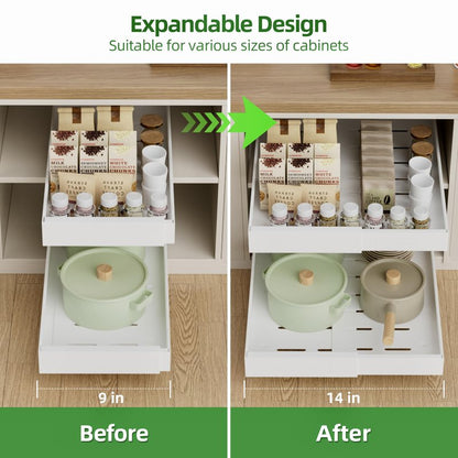 PAKETA 4 Pack Expandable Pull Out Cabinet Organizer, 21'' Deep Pull Out Drawers for Cabinet, Upgrade 3 Slide Rails Sliding Drawers for Cabinets with Adhesive Nano Film (White, 21"D X 9-14"W)