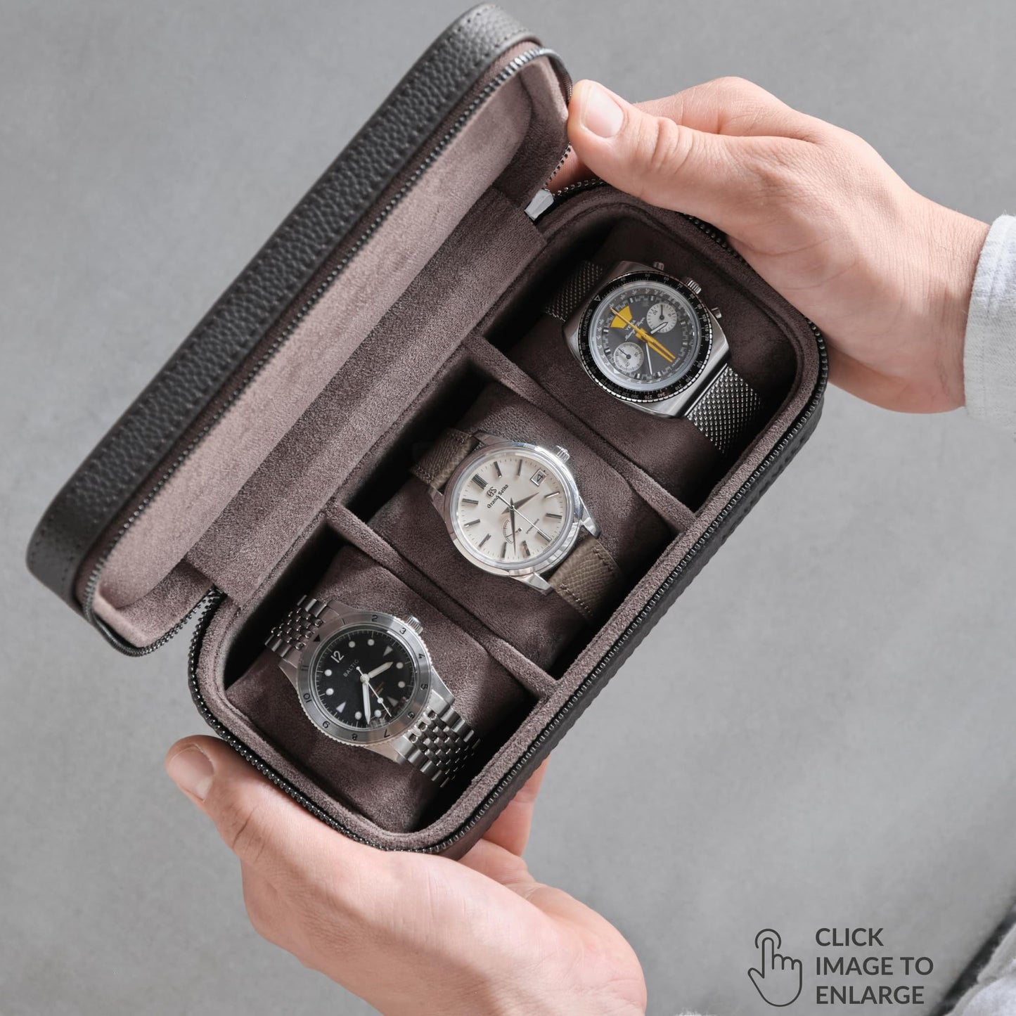 TAWBURY Watch Case - 3 Slot Genuine Top-Grain Leather Watch Travel Case for Men & Women with Metal Zipper and Extra Wide Pillows for Large Watches (Brown)