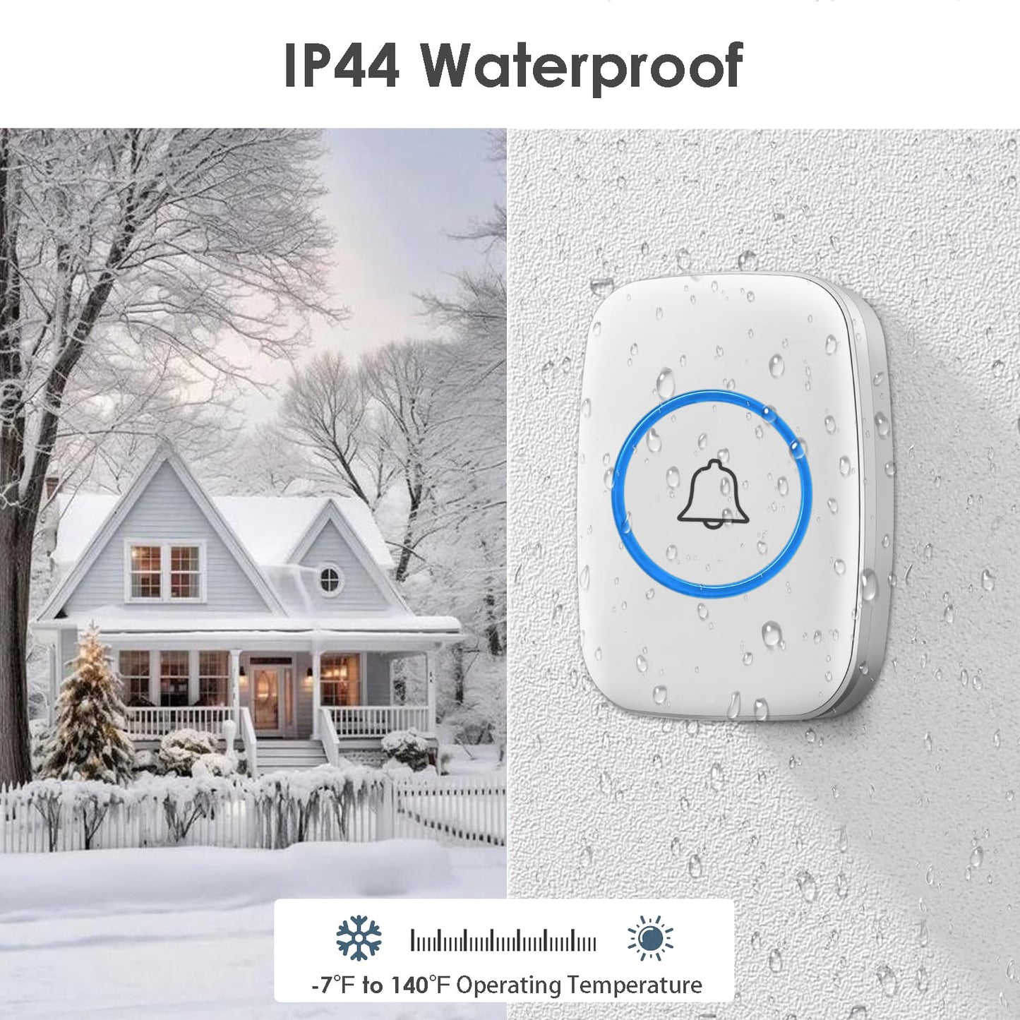 Wireless Doorbell, Waterproof Door Bell Kit, Distinguish Front and Rear Doors, Over 1000 feet Range and 60 Chime, 5 Levels Volume and LED Flash, for Home Office Classroom