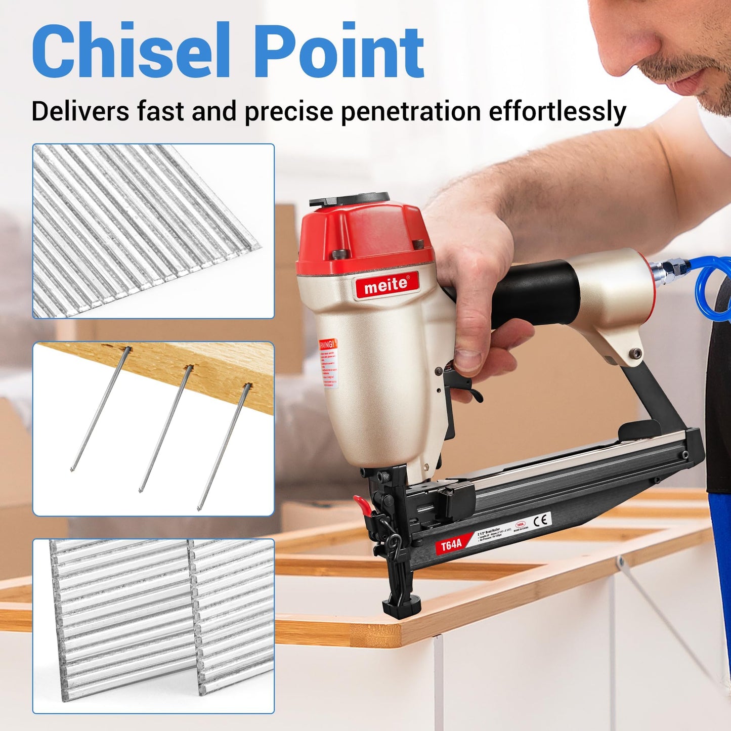 meite 16 Gauge Finish Nails 1-3/16 Inch Galvanized Straight Finish Nails for Pneumatic Cordless Finish Nailer Gun, Small T-Head Trim Nails for Baseboard Crown Molding Cabinet Casing, 1 Case/45000PCS