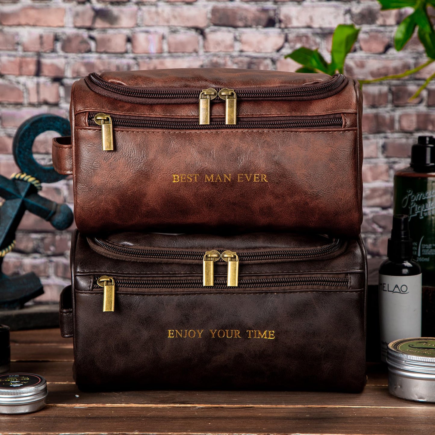Flycalf Mens Toiletry Travel Bag Groomsmen Father Dad Leather Toiletries Grooming Bag for Men Shaving Bag Hanging Water Resistant Organizer (Coffee)