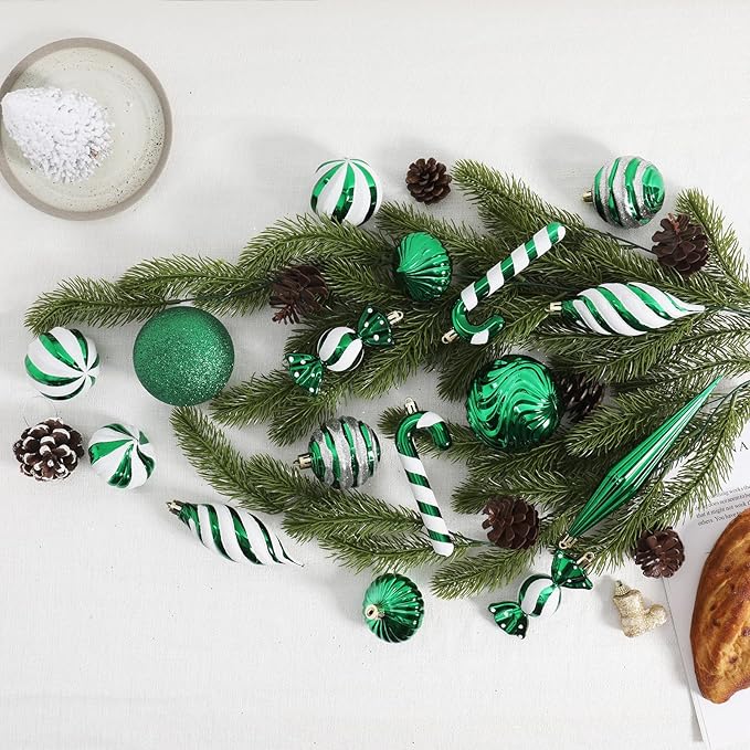Christmas Ball Ornaments Set Shatterproof Christmas Tree Ornaments 24 PCS Painted Shaped Styles Xmas Tree for Holiday Decor,Green
