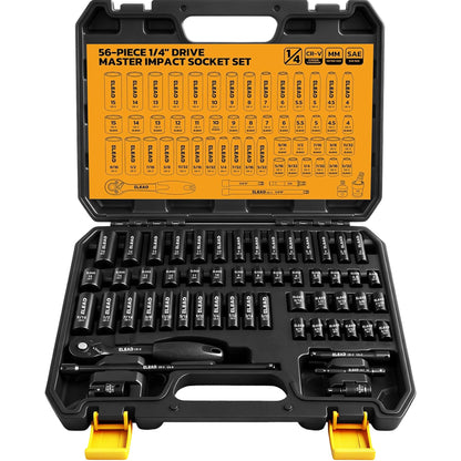ELEAD 1/4" Drive Impact Socket Set, 56-Piece Standard SAE (5/32 to 9/16 inch) and Metric (4-15mm) Size, Deep & Shallow, 6 Point, Cr-V, 72-Tooth Ratchet Handle, Extension Bar, Universal Joint