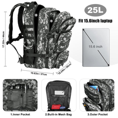 kookoomia Military Tactical Backpack 25L Day Backpack for Men Molle Army 3 Days Assault Pack Bug Out Bag Water Resistant and Heavy Duty Hiking Treeking Rucksack - Black Digital Camo
